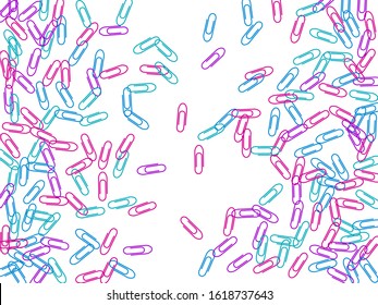 Stationary colored paper clips isolated on white vector background. Magenta, blue, purple paperclips memo note and documents staple attach tools illustration. Plastic paperclips pile.