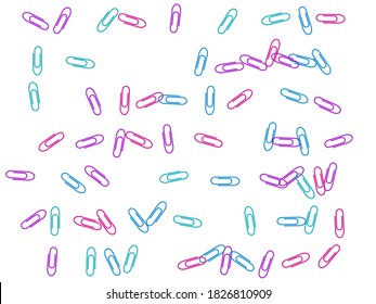 Stationary colored paper clips isolated on white vector background. Pink crimson, blue, violet paperclips memo note and documents staple attach tools illustration. Plastic paperclips backdrop.