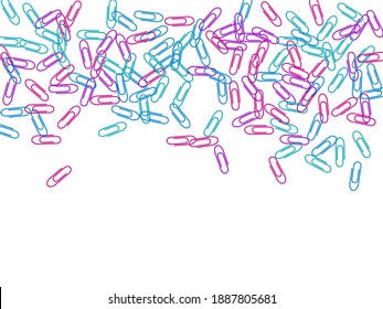 Stationary colored paper clips isolated on white vector background. Pink, cyan blue, purple paperclips memo note and documents staple attach tools illustration. Plastic paperclips pile.