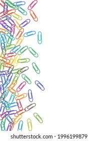 Stationary colored paper clips isolated on white vector background. Pink red, blue, green, orange paperclips memo note and documents staple attach tools illustration. Simple plastic paperclips.