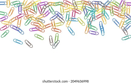 Stationary colored paper clips isolated on white vector background. Rainbow colors and metal paperclips memo note and documents staple attach tools illustration. Simple plastic paperclips.