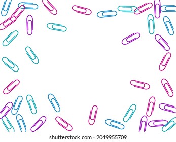 Stationary colored paper clips isolated on white vector background. Pink, blue, violet paperclips memo note and documents staple attach tools illustration. Plastic paperclips backdrop.