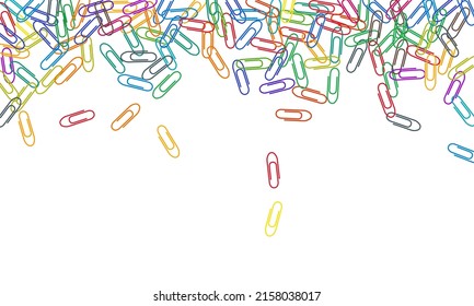 Stationary colored paper clips isolated on white vector background. Rainbow colors paperclips memo note and documents staple attach tools illustration. Plastic paperclips backdrop.