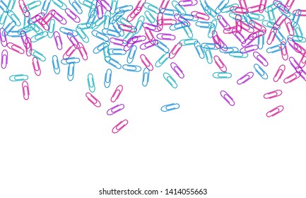Stationary colorful paper clips isolated on white vector background. Magenta, blue, violet paperclips memo note and documents staple attach tools illustration. Simple plastic paperclips.
