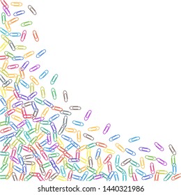 Stationary colorful paper clips isolated on white vector background. Purple, cyan blue, green, orange paperclips memo note and documents staple attach tools illustration. Plastic paperclips backdrop.