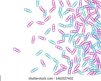 Stationary colorful paper clips isolated on white vector background. Pink, blue, purple paperclips memo note and documents staple attach tools illustration. Simple plastic paperclips.