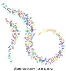 Stationary colorful paper clips isolated on white vector background. Red, blue, green, yellow paperclips memo note and documents staple attach tools illustration. Simple plastic paperclips.
