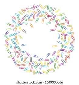 Stationary colorful paper clips isolated on white vector background. Rainbow colors and metal paperclips memo note and documents staple attach tools illustration. Simple plastic paperclips.