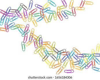 Stationary colorful paper clips isolated on white vector background. Pink red, blue, green, orange paperclips memo note and documents staple attach tools illustration. Simple plastic paperclips.