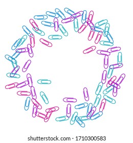 Stationary colorful paper clips isolated on white vector background. Pink, blue, violet paperclips memo note and documents staple attach tools illustration. Plastic paperclips top view.