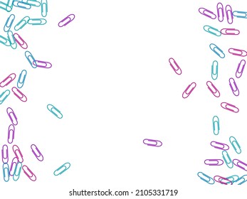 Stationary colorful paper clips isolated on white vector background. Pink crimson, blue, purple paperclips memo note and documents staple attach tools illustration. Plastic paperclips top view.