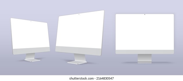 A stationary computer in different positions on a white isolated background. Realistic thin frame monitor mock. Vector illustration