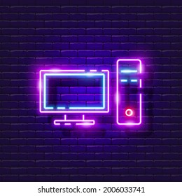 Stationary computer neon sign. Computer Glowing Icon. Vector illustration for design. Technology concept.