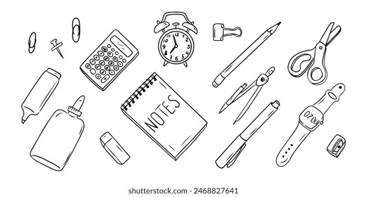 Stationary contour doodle set best for studying and working at office. Collection of sketchy outline drawings isolate on white background. Monochrome school or university outline stickers