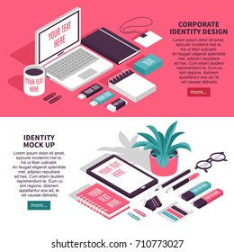 Stationary corporate identity design offer webpage 2 mockup horizontal banners set background shadow lettering isolated vector illustration 