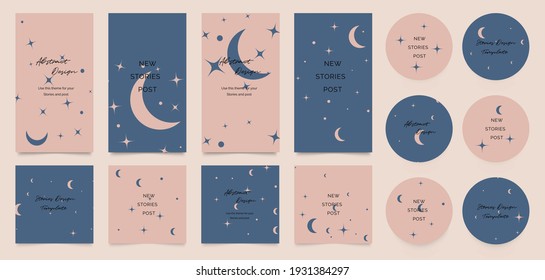 Stationary cover background vector set. Circle and square cover template. Social media background design with moon and star hand drawn organic shapes textures. Minimal trendy style wallpaper.
