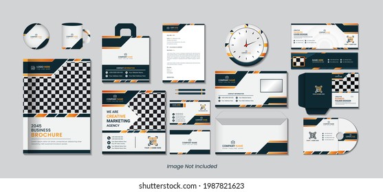 Stationary design set with deep green and yellow gradient color creative abstract shapes.