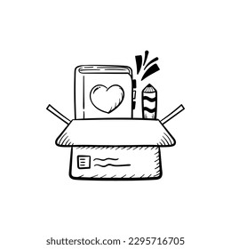 Stationary donation box books donate charity and kindness doodle hand drawn line icon illustration