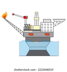 Stationary drilling platform on a concrete or metal base, oil and gas production of the continental shelf. Flat vector illustration