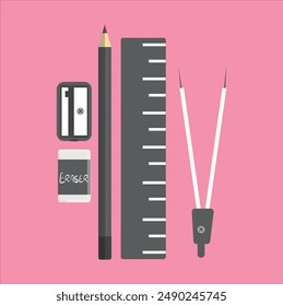 Stationary Elements pencil, scale, eraser, sharpener, compass