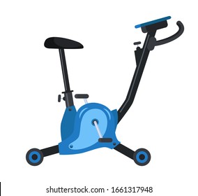 Ilustración vectorial plana de bicicleta estática. Gimnasio, club deportivo, equipo de fitness. Máquina de entrenamiento de resistencia y resistencia. Ejercicio doméstico, atributo de ciclismo interior. Estilo de vida saludable