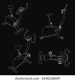 Bicicletas de exercício estacionárias com designs únicos se destacam contra um fundo preto elegante. Cada bicicleta possui construção detalhada e cores vibrantes, enfatizando a aptidão e o movimento.
