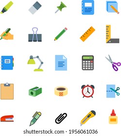 Stationary flat icon set with marker, eraser, pin, calculator, pen, clip, pencil, scale, notebook, study lamp, scissors, notepad, torch, stapler, alarm clock, sharpener, cutting paper, tape, document