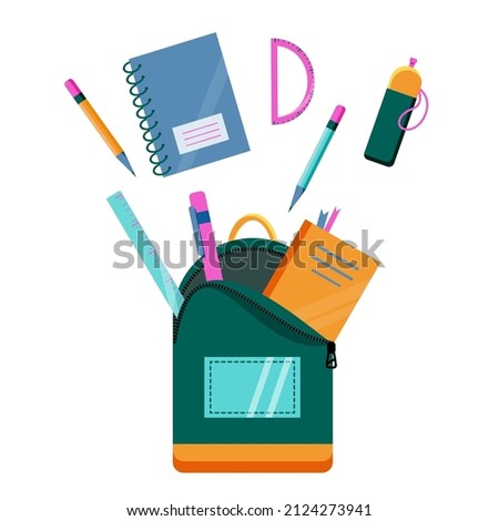 Stationary are flying over backpack. School ,college or university items set. Books, pencils, rulers and water bottle. Vector illustration.