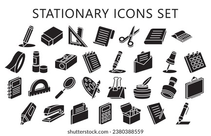 stationary glyph icons pack, contain book, calculator, eraser, office equipment and more. use for modern concept, best for UI or UX kit, web and app development. vector EPS 10.