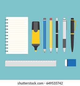 stationary, highlighter, fountain pen, eraser, ruler, notepad, ball pen and pencil, flat design vector