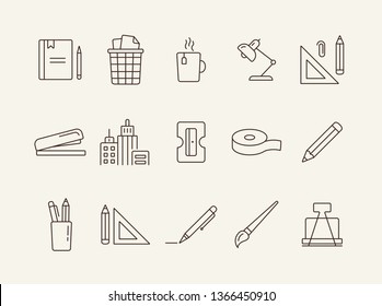 Stationary icon set. Line icons collection on white background. Pencil, art, designer. Office supplies concept. Can be used for topics like business, school, creativity