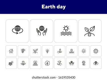 Stationary icon set. Line icons collection on white background. Sun, planet, plant. Environment concept. Can be used for topics like global warming, recycling, solar energy