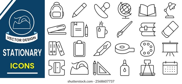 Stationary icon, vector set. Education and Learning thin line icons. Stationary thin line icon set. Contain book, calculator, eraser, School, university, textbook. Vector illustration.