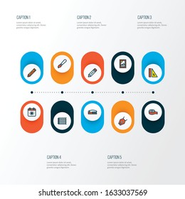 Stationary icons colored line set with scotch, pen, stapler and other crayons elements. Isolated vector illustration stationary icons.