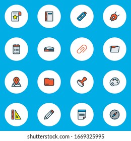 Stationary icons colored line set with bookmark, vector pencil, notebook and other nib elements. Isolated vector illustration stationary icons.