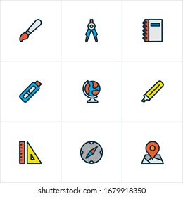 Stationary icons colored line set with map, cutting knife, compass and other divider elements. Isolated vector illustration stationary icons.