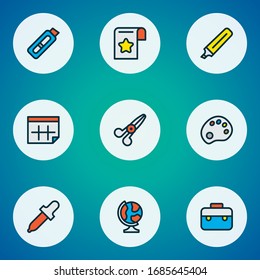 Stationary icons colored line set with calendar, palette, cutting knife and other date elements. Isolated vector illustration stationary icons.