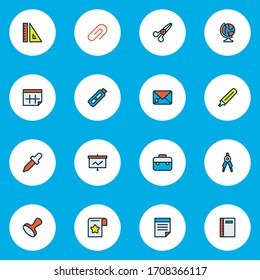 Stationary icons colored line set with ruler, marker, notebook and other letter elements. Isolated vector illustration stationary icons.