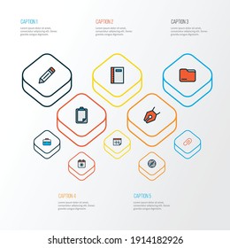 Stationary icons colored line set with compass, pen, calendar and other survey elements. Isolated vector illustration stationary icons.