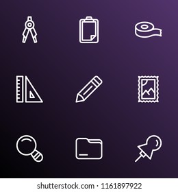 Stationary icons line style set with ruler, drawing compass, scotch and other adhesive elements. Isolated vector illustration stationary icons.