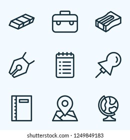 Stationary icons line style set with notebook, globe, pencil sharpener and other checklist elements. Isolated vector illustration stationary icons.