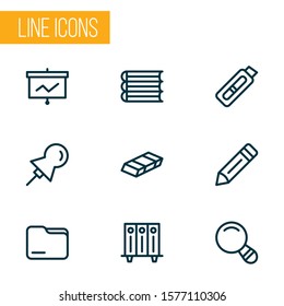Stationary icons line style set with magnifier, folder, folders on shelf and other cutter elements. Isolated vector illustration stationary icons.
