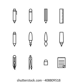 Stationary icons set outline style black color isolated on white background