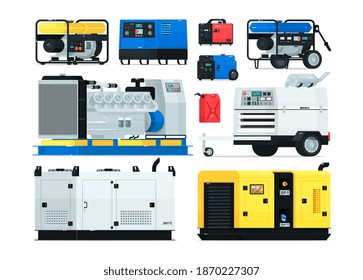 Stationary, industrial and portable diesel power generator. Energy generating backup equipment and electricity voltage source alternator machine vector illustration isolated on white background