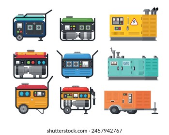 Ilustración vectorial isométrica del conjunto de la máquina del alternador de la fuente de voltaje de la energía industrial y portátil estacionaria. Estación de distribución de mantenimiento de generación de energía diesel con Botón y tubería