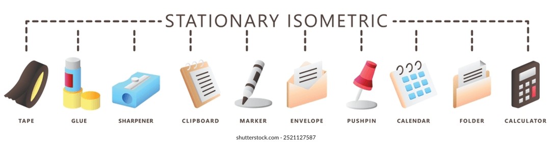 Conjunto de iconos 3D isométricos estacionarios, contienen cinta, pegamento, afilador, sobre, carpeta, pin, calculadora y más. Vector EPS 10. uso para UI, UX, desarrollo de App y Web, impresión, educación y oficina.