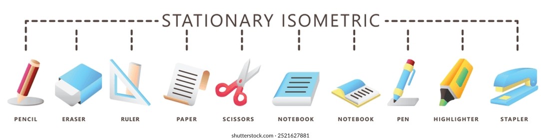 Ícones 3D isométricos estacionários definidos, contêm bloco de notas, tesoura, caneta, lápis, Realçador, papel, régua e muito mais. vetorial EPS 10. use para UI, UX, aplicativo e desenvolvimento web, impressão, educação e escritório.