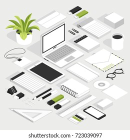 Stationary isometric white set with notebook smartphone glasses badge envelope floppy disk and other office supplies isolated elements vector illustration  