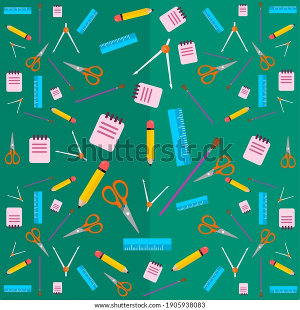 stationary\
items background pattern pencil notebook scale ruler paintbrush\
scissors compass divider vector\
illustration