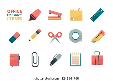 Stationary items. Business office tools paper folder pencil eraser pen paper clip stapler marker vector flat icons collection